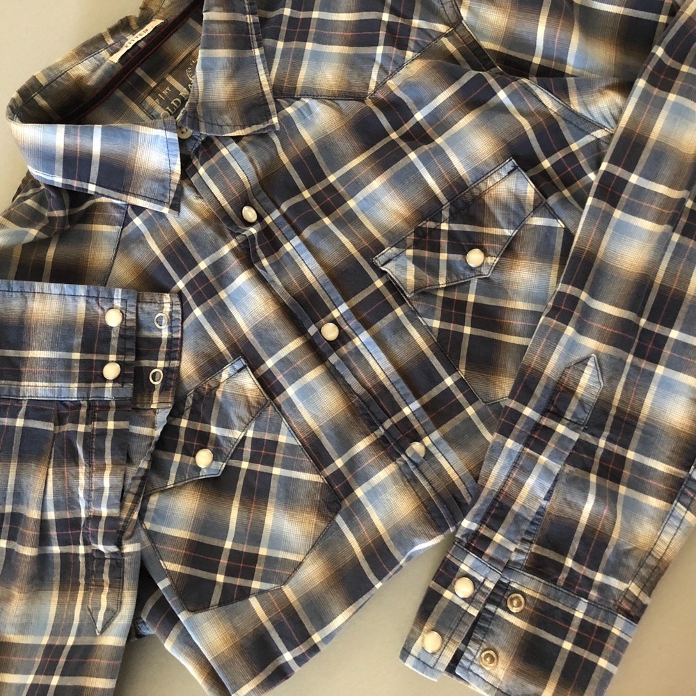 Plaid, blue, snap button, western shirt
